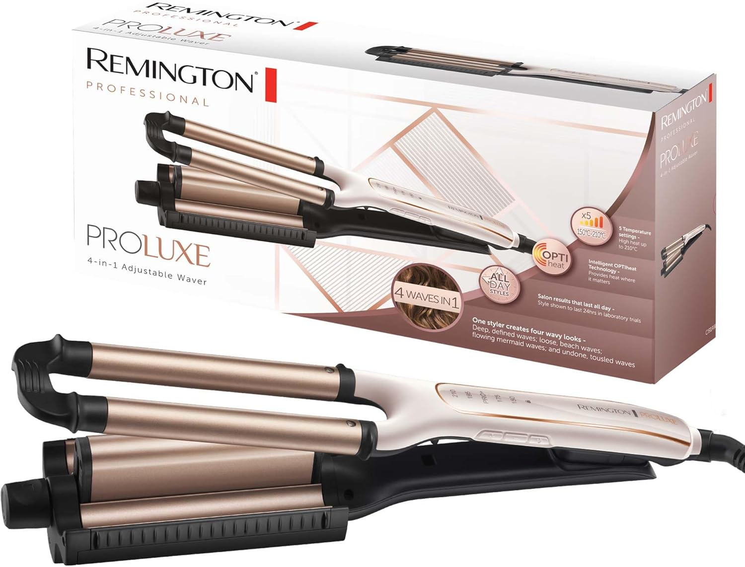 Remington Welleneisen Proluxe 4-In-1 Curling Iron [Test Winner]: Beach Waves, Natural Waves, Water Waves, Mermaid Waves (Dig. Display, Temperature Setting up to 210&deg;C) Crepe Iron, Multistyler CI91AW image number 2