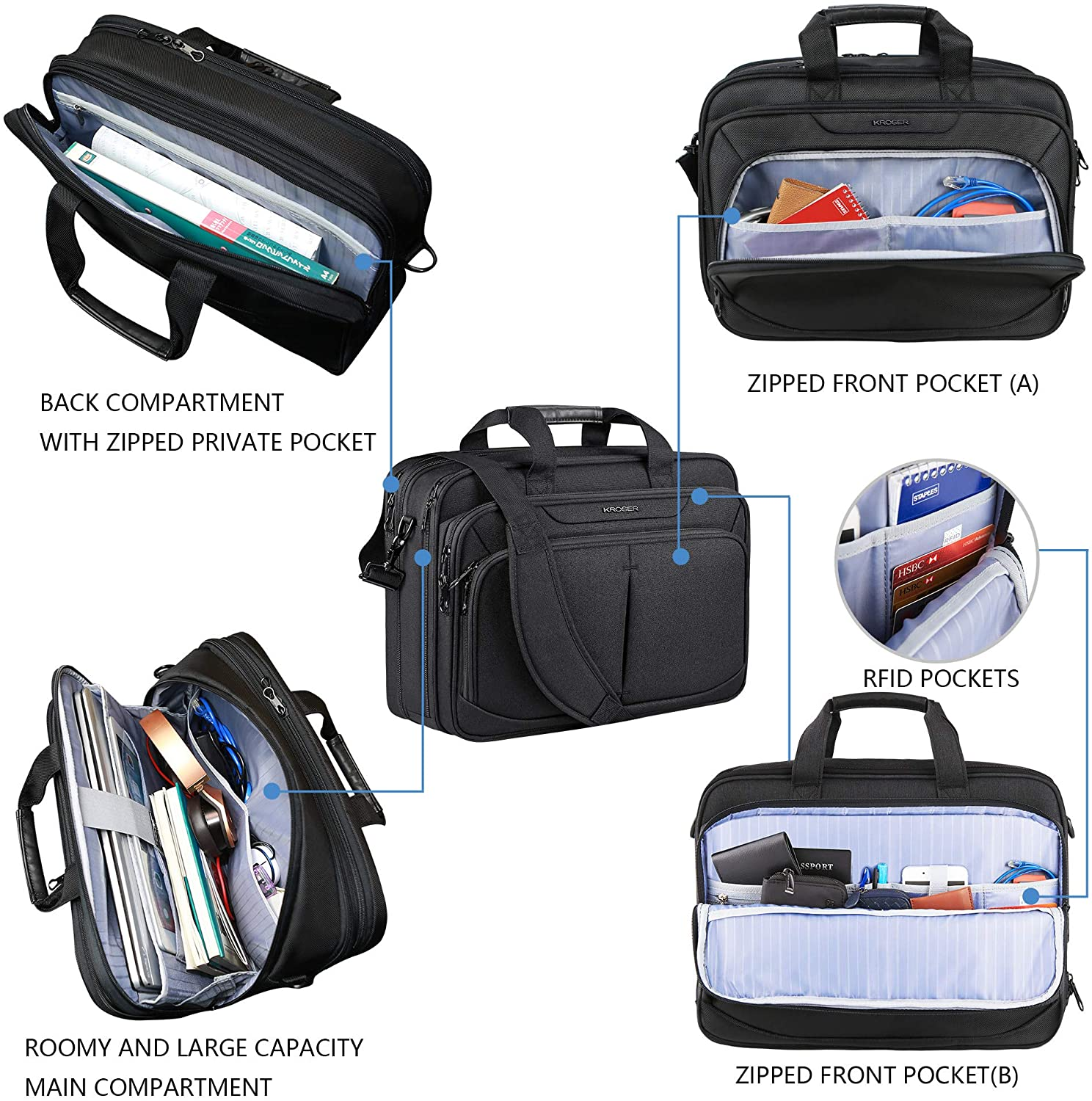 KROSER Laptop Bag 18" Expandable Lightweight Briefcase for 17.3" Laptop Premium Business Work Bag Water-Repellent Messenger Bag with RFID Pockets for School/Travel/Women/Men-Black image number 1
