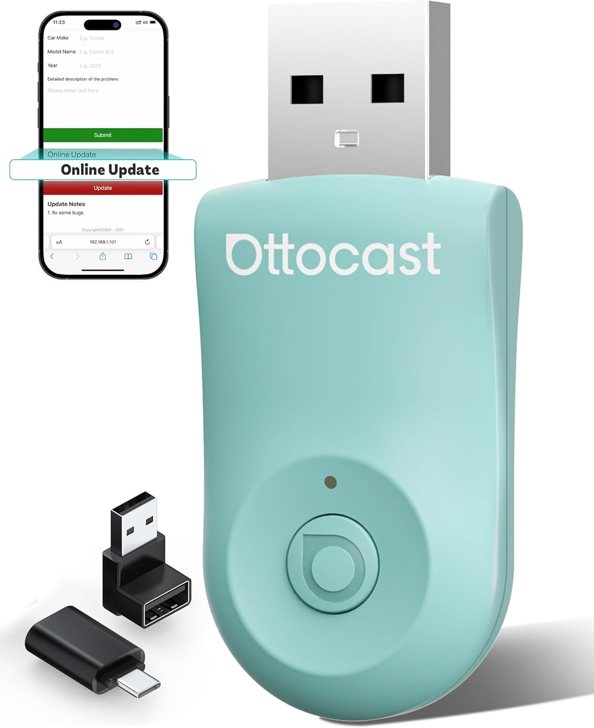 OTTOCAST Mini 2025 Wireless Carplay & Android Auto 2-In-1 Adapter, Plug & Play, 5Ghz Wifi, Auto Connect for Iphone & Android, Fits 98%+ OEM Wired Carplay Cars (Green)