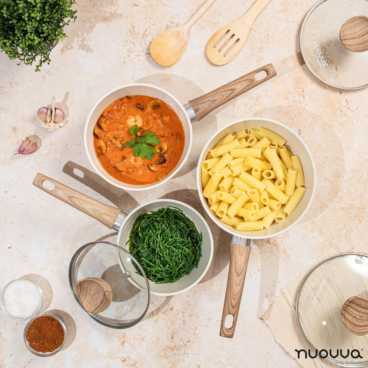 Non Stick Saucepan Set &ndash; Induction Saucepan with Lid &ndash; 3Pcs Cream Granite Sauce Pan &ndash; 16Cm, 18Cm, 20Cm Saucepot Set &ndash; by Nuovva image number 5