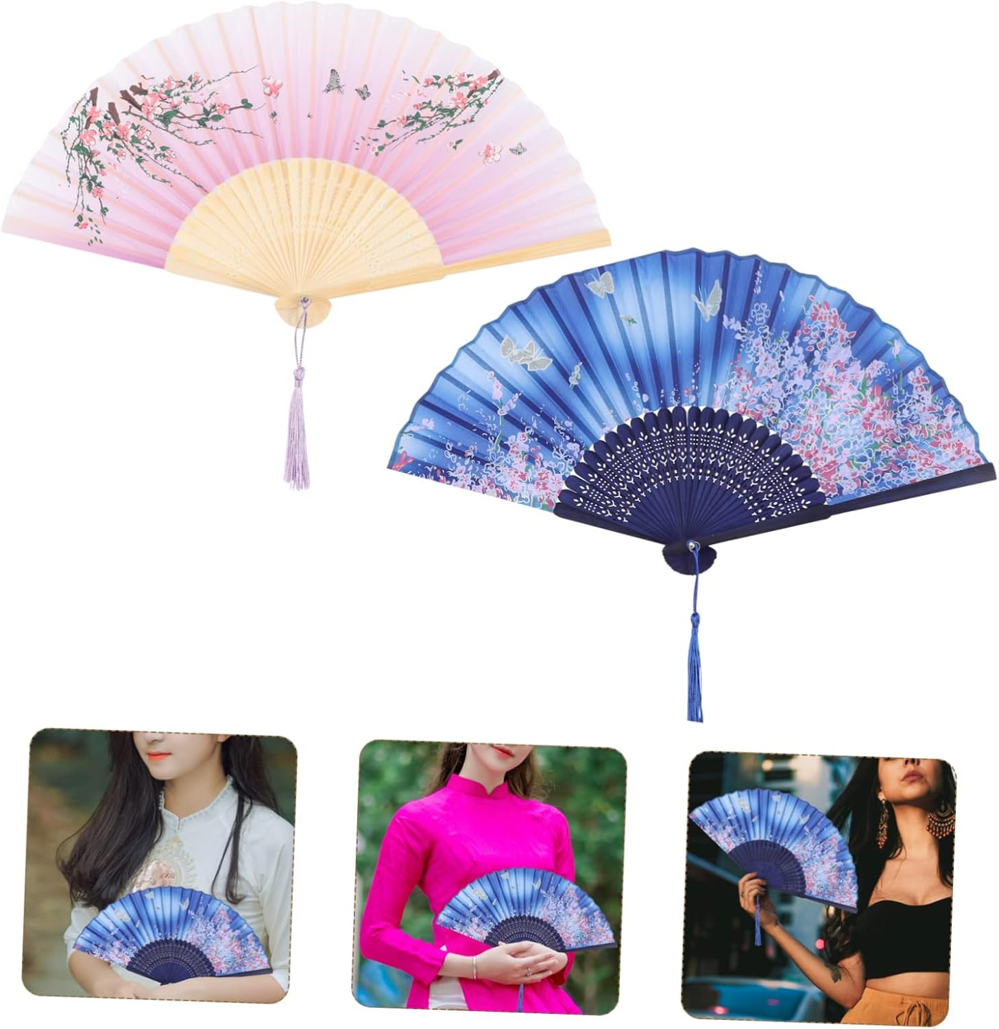 CIMAXIC 2Pcs Bamboo Silk Hand Held Fans Portable Folding Fan for Women Men Decor Stage Performance image number 1