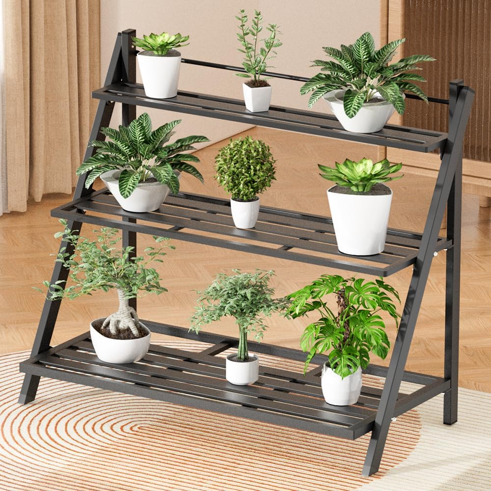 Plant Stand Indoor, Outdoor Plant Stands Aluminum Plant Shelf ,Anti-Rust Plant Holders Display Rack for Flower Pots,3 Tier & Black
