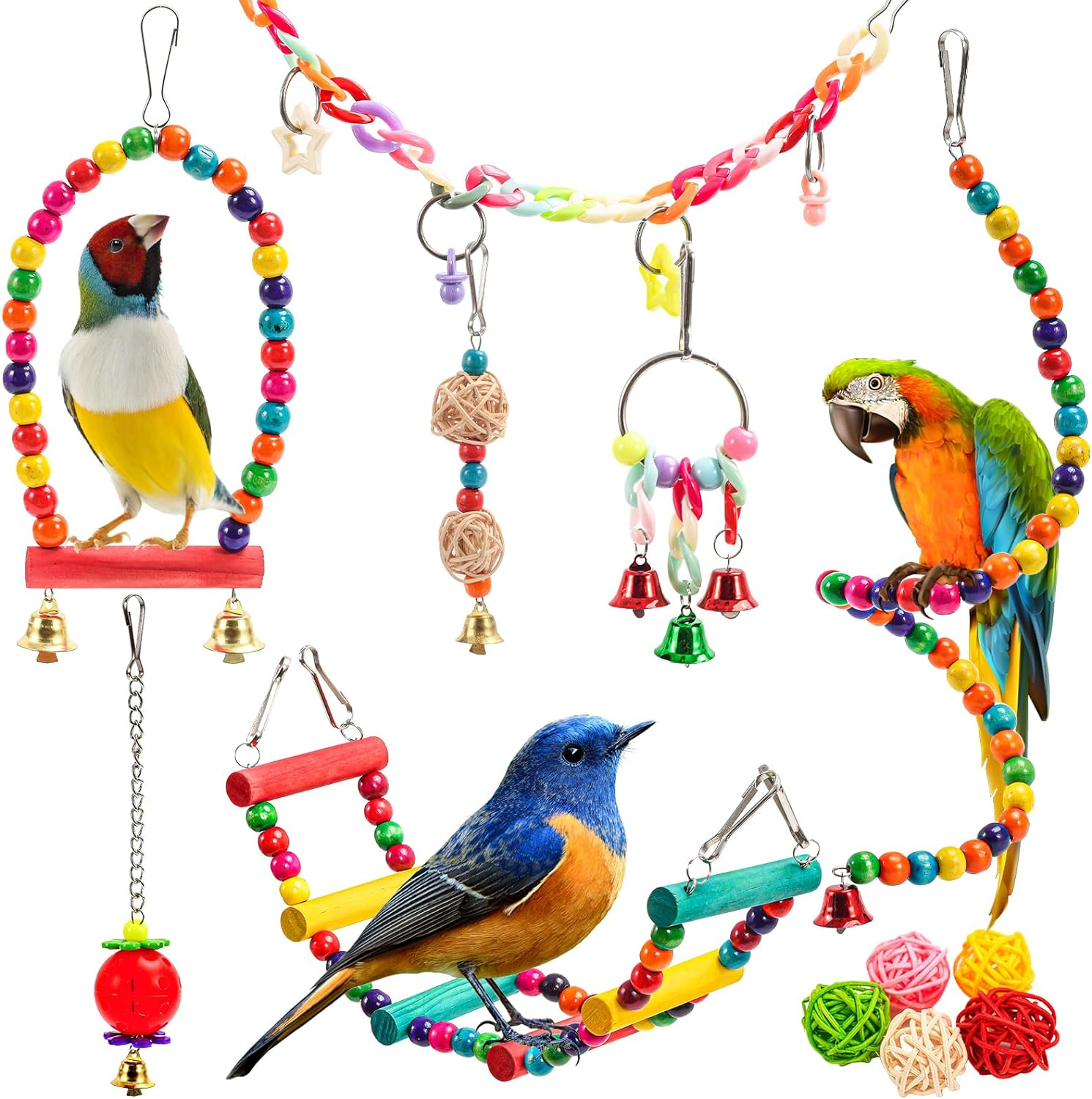 Avont Bird Swing Set Toys Parakeet Parrot Conure Cockatiel Cage Perches Playground Accessories -12PCS image number 4