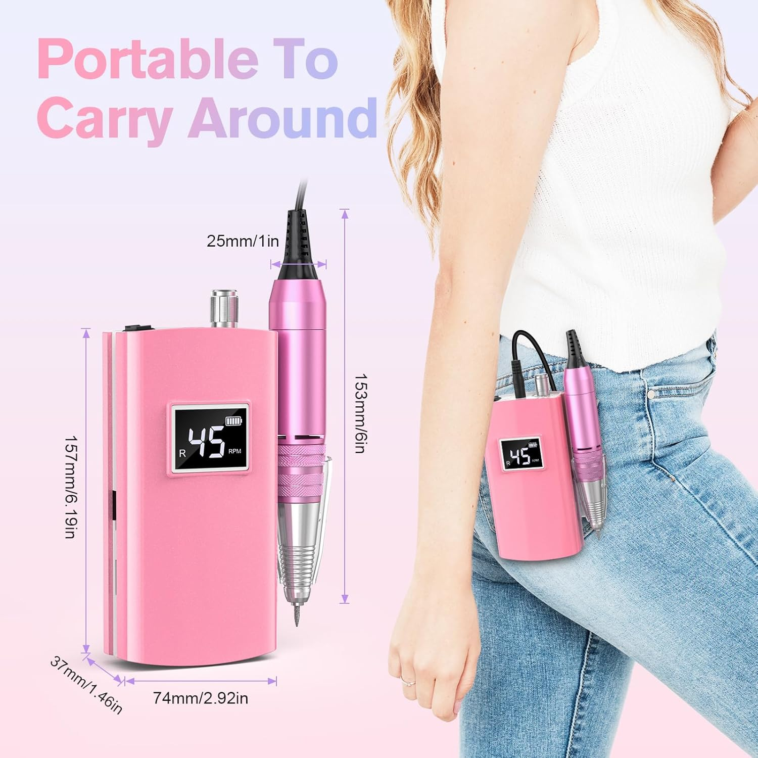 Beloving Portable Nail Drill Professional, 45000RPM Rechargeable Nail Drill Electric File Machine for Acrylic Gel Polish Remover, Cordless Nail Kit for Manicure Pedicure with 11 Bits for Salon Home image number 6