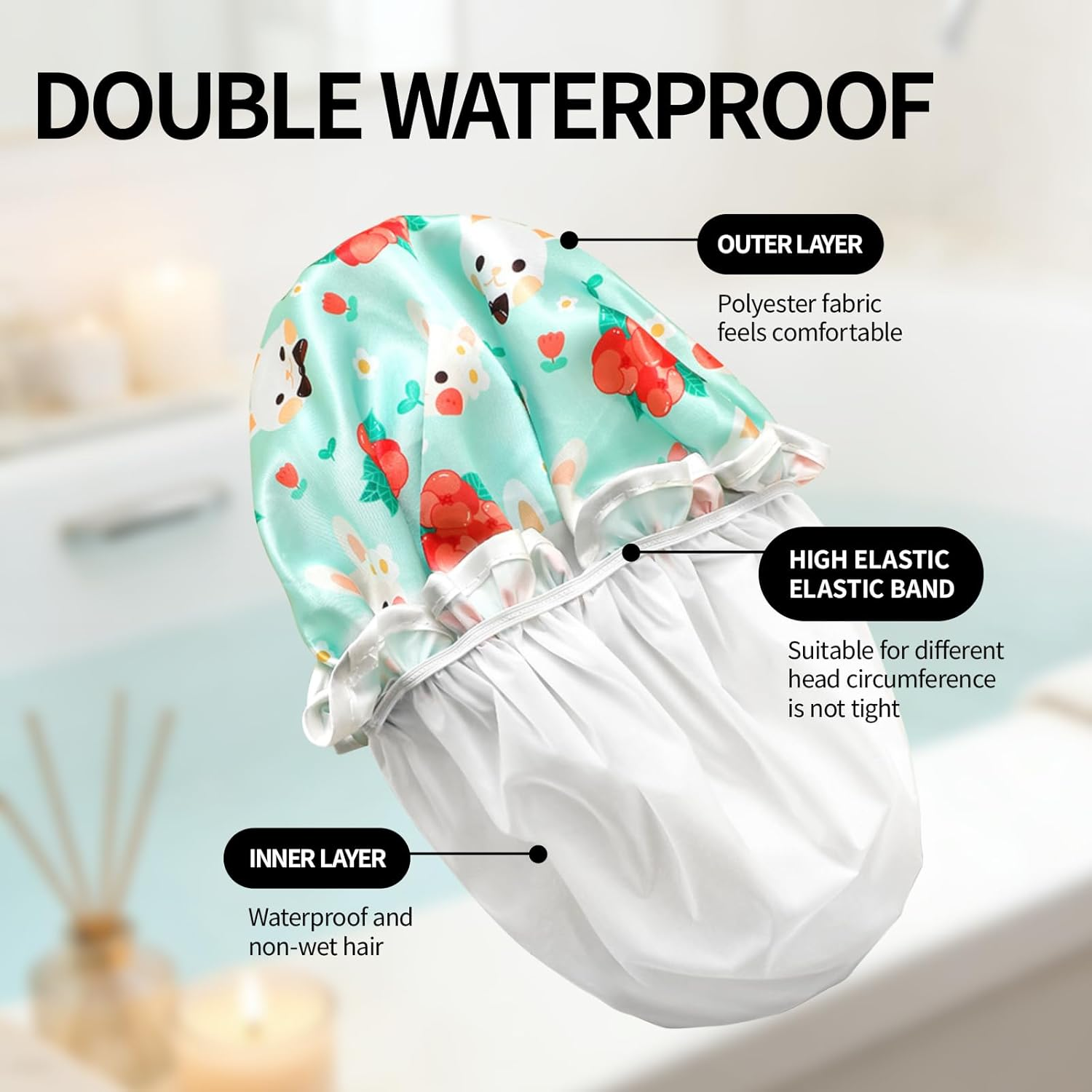 3-Pack Kids Shower Cap, Double-Layer Waterproof Shower Cap - Rabbit & Strawberry & Bear Cartoon Patterns, Adjustable Elastic Band, Soft Kids Sleeping Cap Reusable Bathing Cap for Kid image number 1