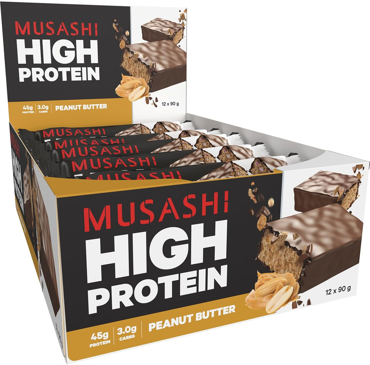 Musashi High Protein Bar, Peanut Butter Flavour, 90G &ndash; 12 Pack Muscle Recovery Bar with 45G Protein for Strength, Energy & Performance
