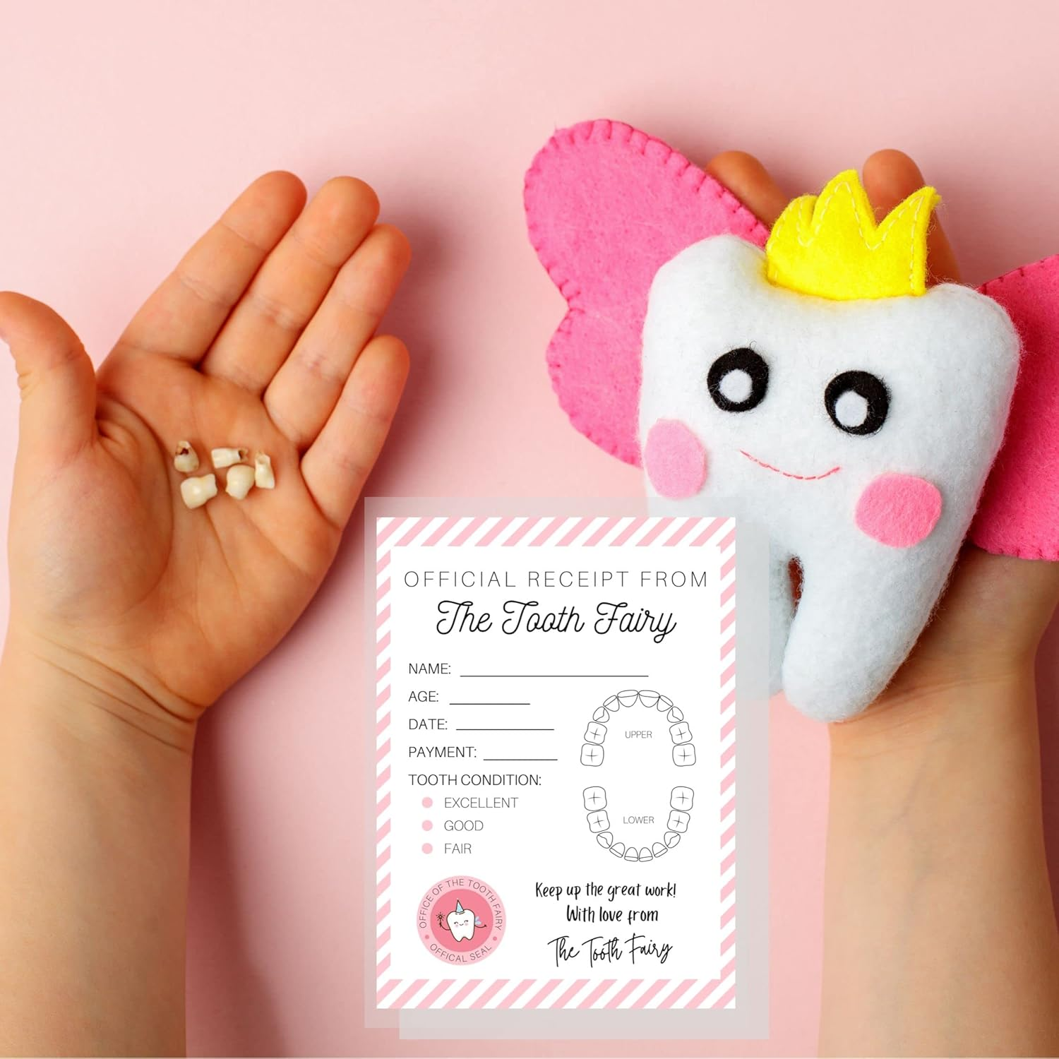 Tooth Fairy Receipt Cards with Pink Stripes | 40 Pack | 4.25X5.5" Inch Large Postcard Size Tooth Fairy Receipt for Lost Tooth Certificate for Kids to Add to Gold Coins under Pillow | White Card with Tooth Fairy Design Chart and Pink Stripes image number 6