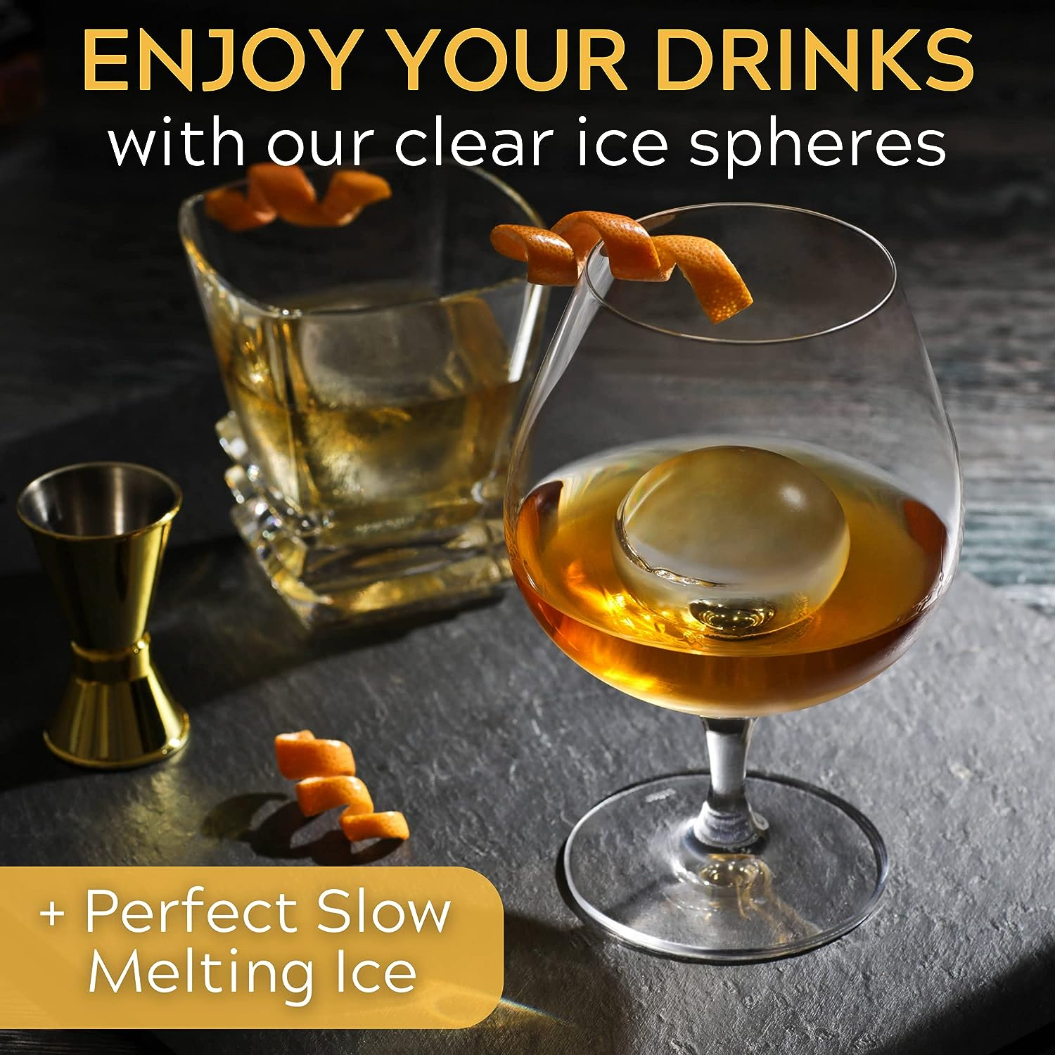 Sunset Clear Ice Ball Maker - Crystal Clear Whiskey Ice Ball Mold Large 5 Cm | Slow Melting Whiskey Ice Mold with Storage Bag | Clear Ice Ball Maker Mold | Whisky Sphere Ice Cube Mold | Ice Molder