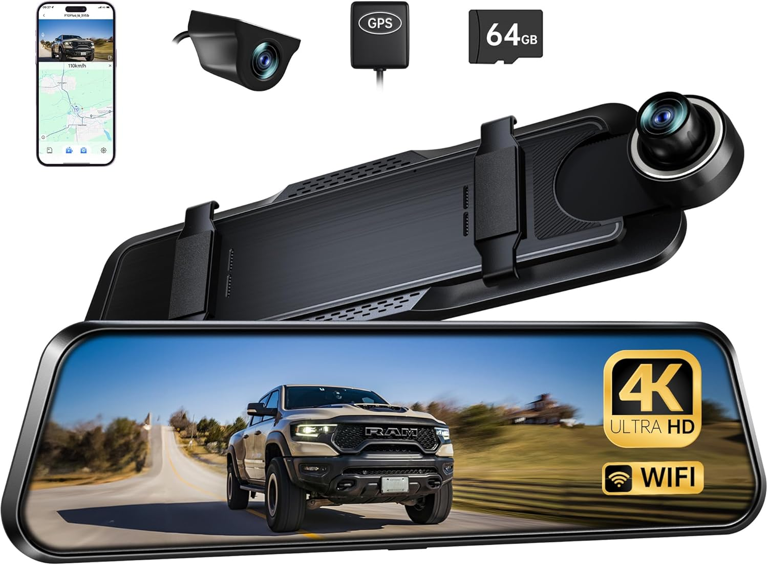 Pelsee P10 plus 4K Rear View Mirror Camera with ADAS and BSD, 5.8Ghz Wifi Mirror Dash Cam Front and Rear, Backup Camera for Car, GPS, 64GB Card Included, WDR Night Vision, Voice Control, 10&rdquo; Display image number 1