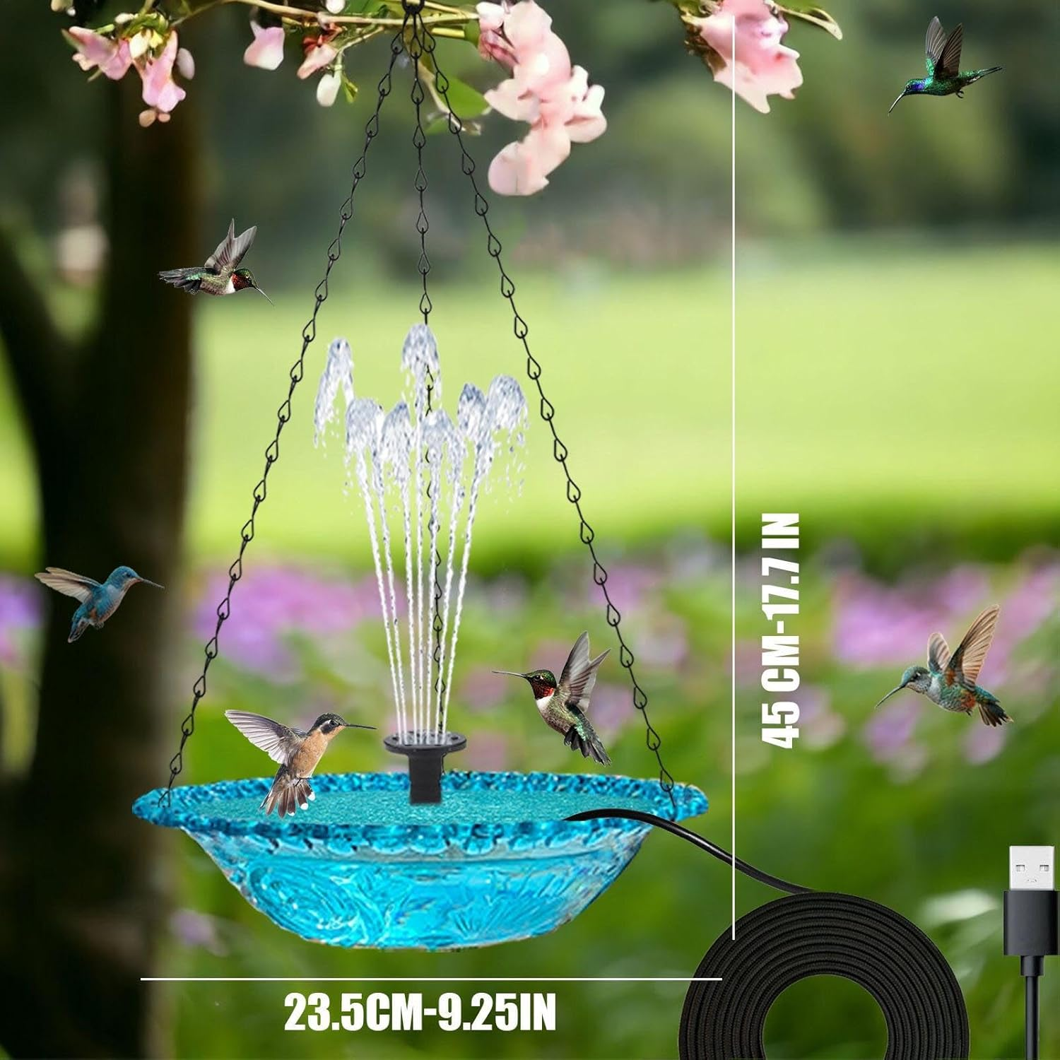 Hanging Bird Bath, Bird Bath Bowl with Fountain USB Powered, Hummingbird Bath Fountain for Outdoor Garden Backyard - Blue image number 4