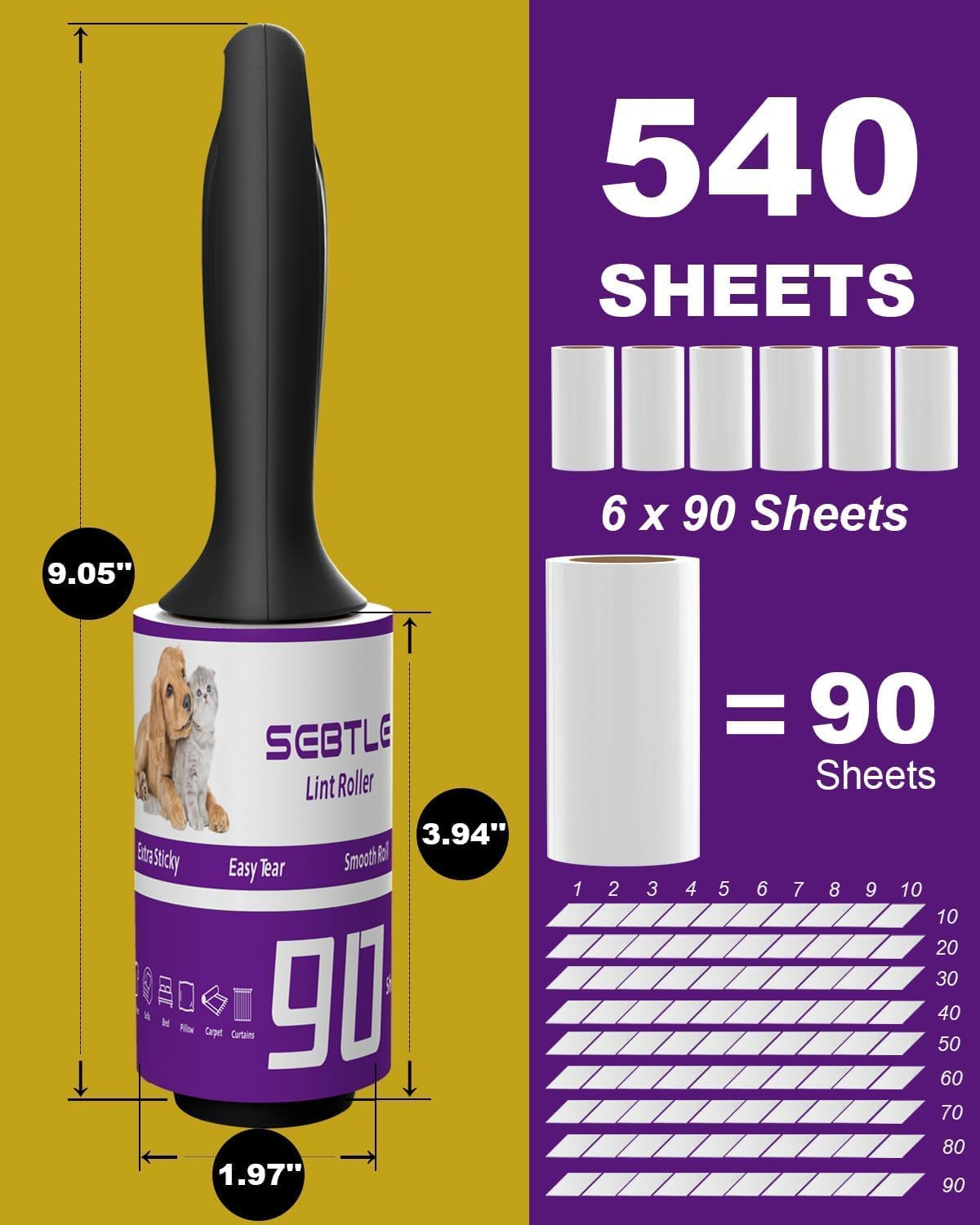 Sebtle Lint Roller, 540 Sheets Extra Sticky Pet Hair Remover Roller for Clothes Sofa Carpet Couch Sweater Furniture, Cats Dogs Pet Hair Remover, 2 Handles W/ 6 Refills image number 4