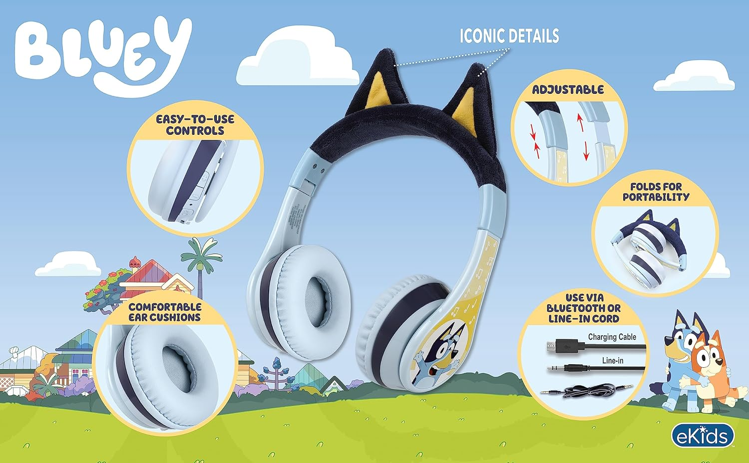 Ekids Bluey Bluetooth Headphones for Kids, Wireless Headphones with Microphone Includes Aux Cord, Volume Reduced Kids Foldable Earphones for School, Home, or Travel image number 1