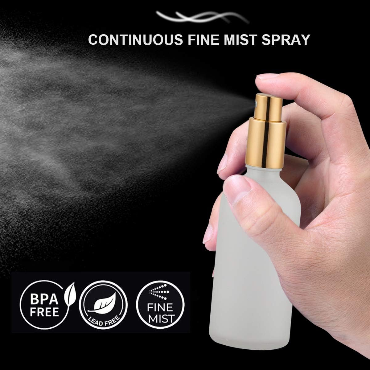 Glass Spray Bottle 3.4Oz, Empty Frosted Perfume Atomizer, Fine Mist Spray,Gold Sprayer (2 PACK) image number 3