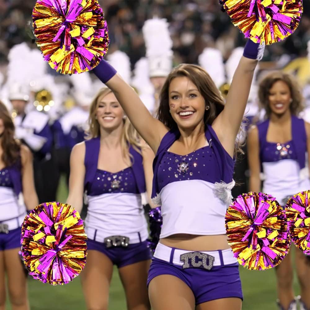 4 Pack Cheerleading Pom Poms,Metallic Cheer Pom Poms with Training Baton Handle for Team Sport Spirit Squad Bulk Cheerleaders(Purple and Gold) image number 1