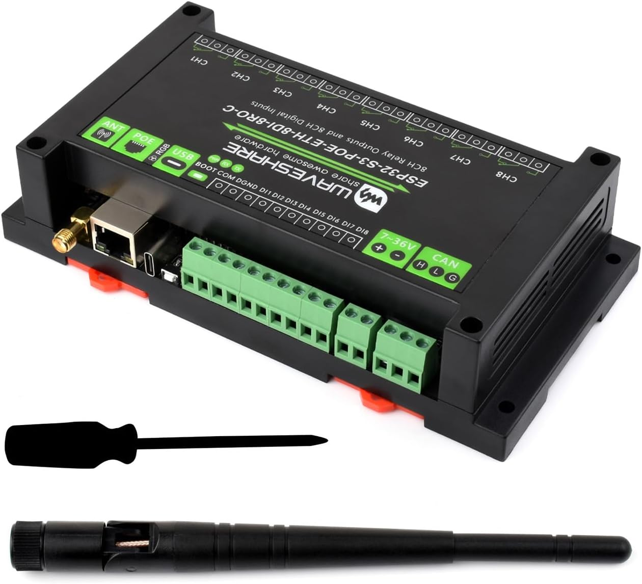 Waveshare Industrial 8-Channel ESP32-S3 Wi-F Relay Module, Isolated CAN Interface, Xtensa 32-Bit LX7 Dual-Core Processor, 240Mhz, Multiple Isolation Protection Circuits, Poe Ethernet Port image number 3