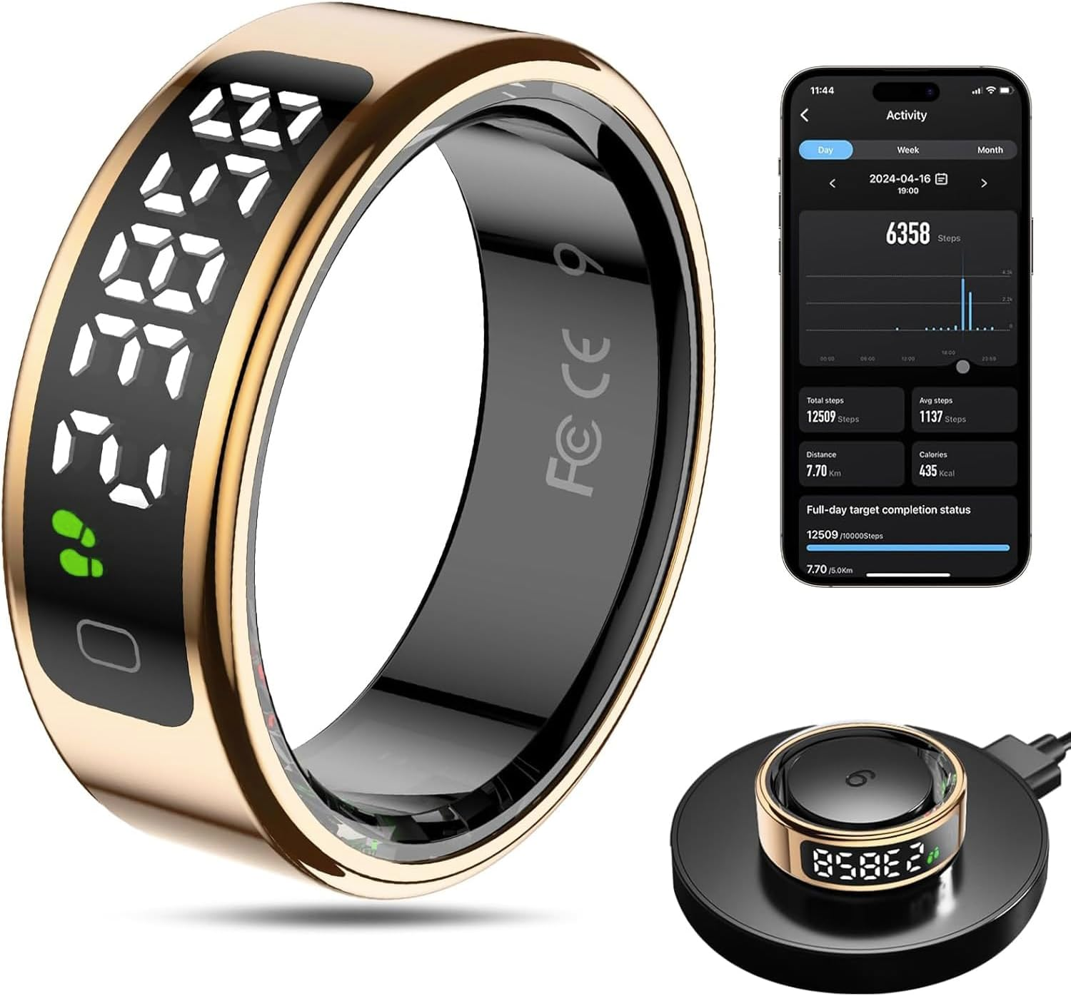 Smart Ring for Women with Display Screen, Smart Ring for Men, Fitness Sport Step Activity Time Calories, Wireless Charging, for Ios Android (Black, 11)