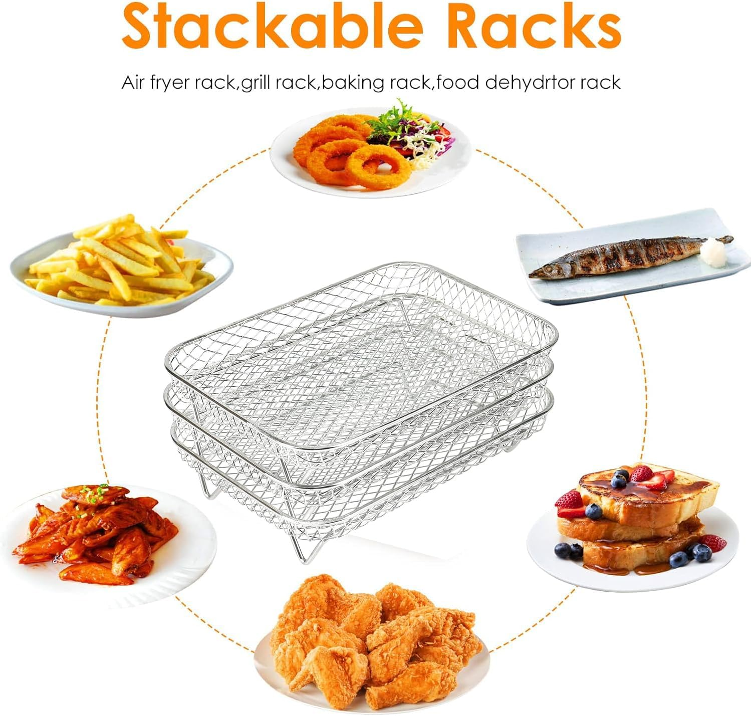 Air Fryer Rack for Ninja Air,3 Layers Stainless Steel Air Fryer Shelf Stackable Dehydrator Racks with Clip and Silicone Feet Air Fryer Accessories for Dual Air Fryer, Oven (Rectangular)