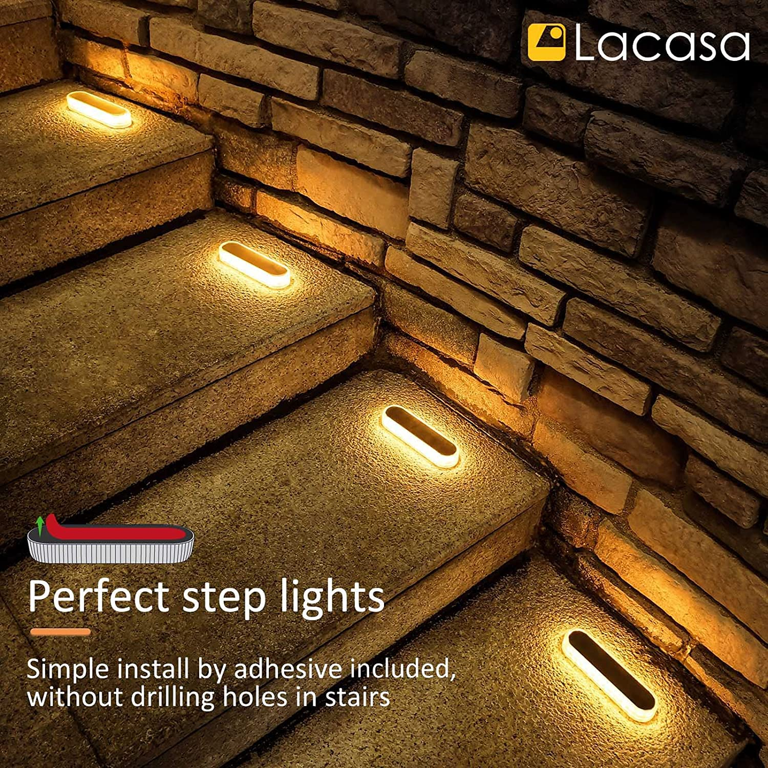 Lacasa Solar Deck Lights, 4 Pack 2700K Warm White LED Dock Lights 40LM, Outdoor Solar Powered Step Lights, Waterproof for Garden Stairs Ground Driveway Pathway Lighting image number 2