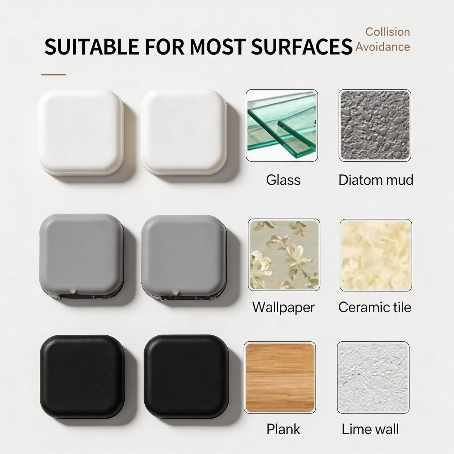 Wall Protectors from Door Knobs (6 Pack) - Adhesive Silicone Guard Bumpers, Square Door Stoppers for Wall & Furniture, Thick Anti-Slam Silencers - White, Gray, Black image number 1