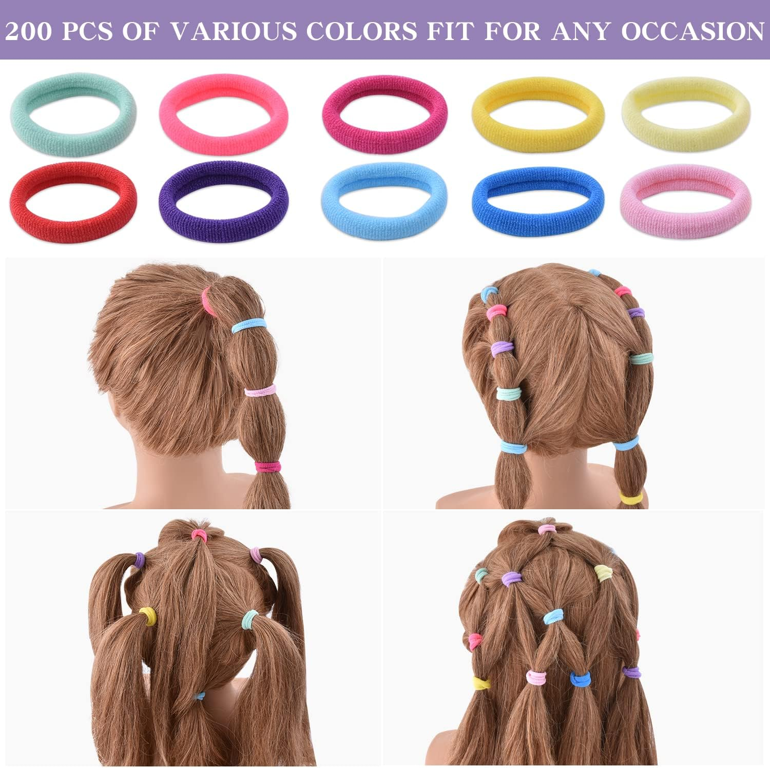 WKJHO 200Pcs Baby Hair Ties, Cotton Soft Toddler Hair Ties for Girls and Kids, Multicolor Small Seamless Elastic Hair Bands Ponytail Holders Hair Accessories image number 5