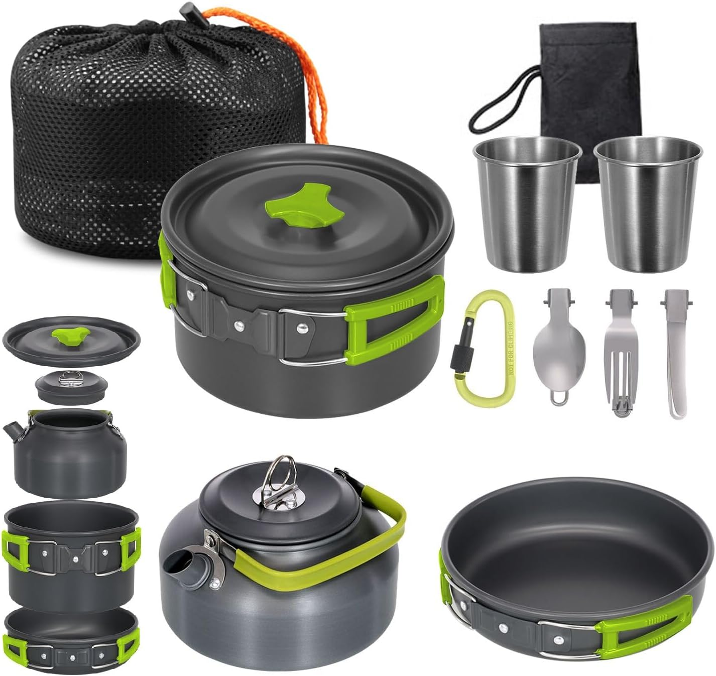 Aomiun Camping Cookware Kit, Non-Stick Pot Pan Kettle Set with Stainless Steel Cups Forks Knives Spoons for Picnic Hiking 1-2 People