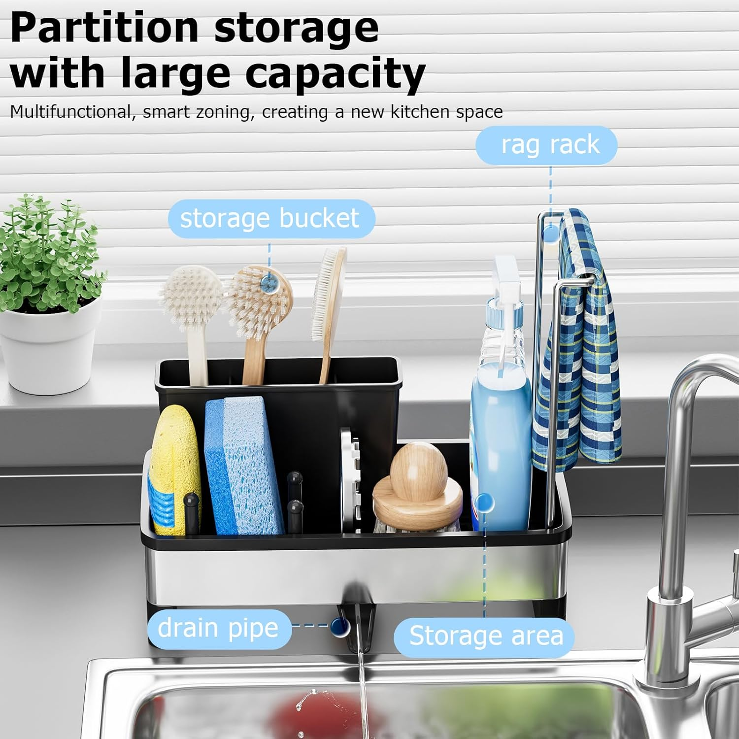 Sink Caddy, Kitchen Sink Caddy Storage with Dishcloth Holder Rack & Brush Holder and Self Drain Tray, Rustproof Sink Organiser Bench Top, Soap Dispenser Storage Accessories image number 5