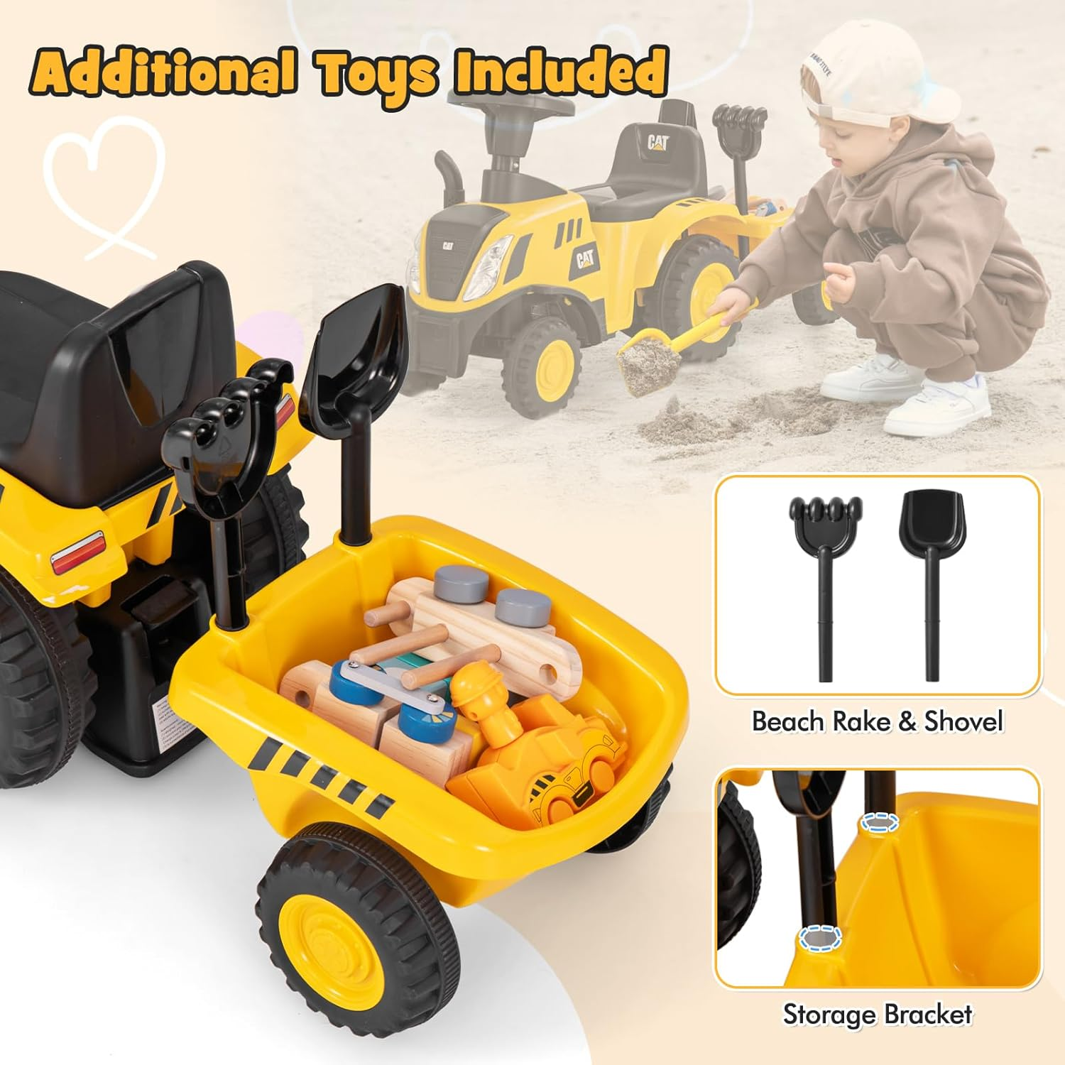 HONEY JOY Kids Ride on Tractor, Licensed Caterpillar Foot to Floor Sliding Car with Detachable Trailer, Shovel, Rake, Horn, Engine Sound, LED Lights & 6 Wheels, No Power Walking for Aged 1.5-3 image number 3