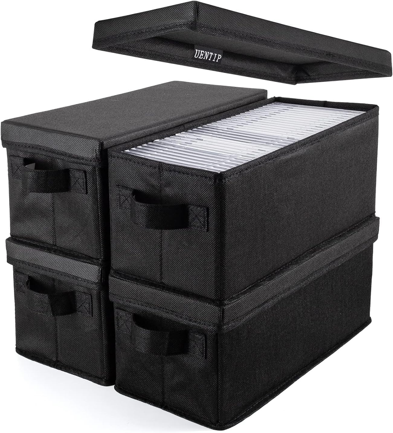 UENTIP CD Storage Boxes - Pack of 4 CD Case Storage - 13.2" X 5.9" X 5.3", Holds 30 Full Cds, 60 Slim Cds, 165 Discs in Sleeves - Black (4 Pack) image number 6