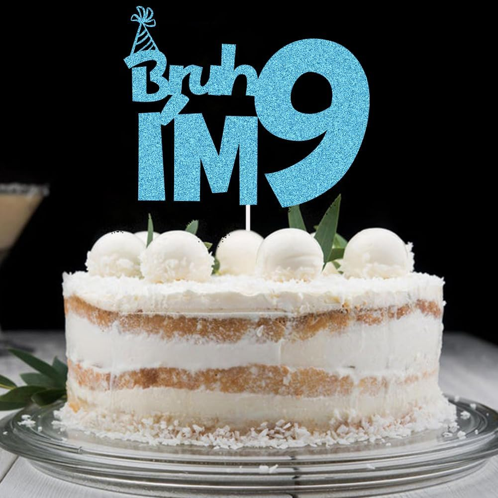 XIUHUBA Bruh I'M 9 Cake Topper, Happy 9Th Birthday Cake Decor, Kids Boys 9Th Birthday Party Decorations, Funny Nine Years Old Birthday Party Supplies Blue Glitter