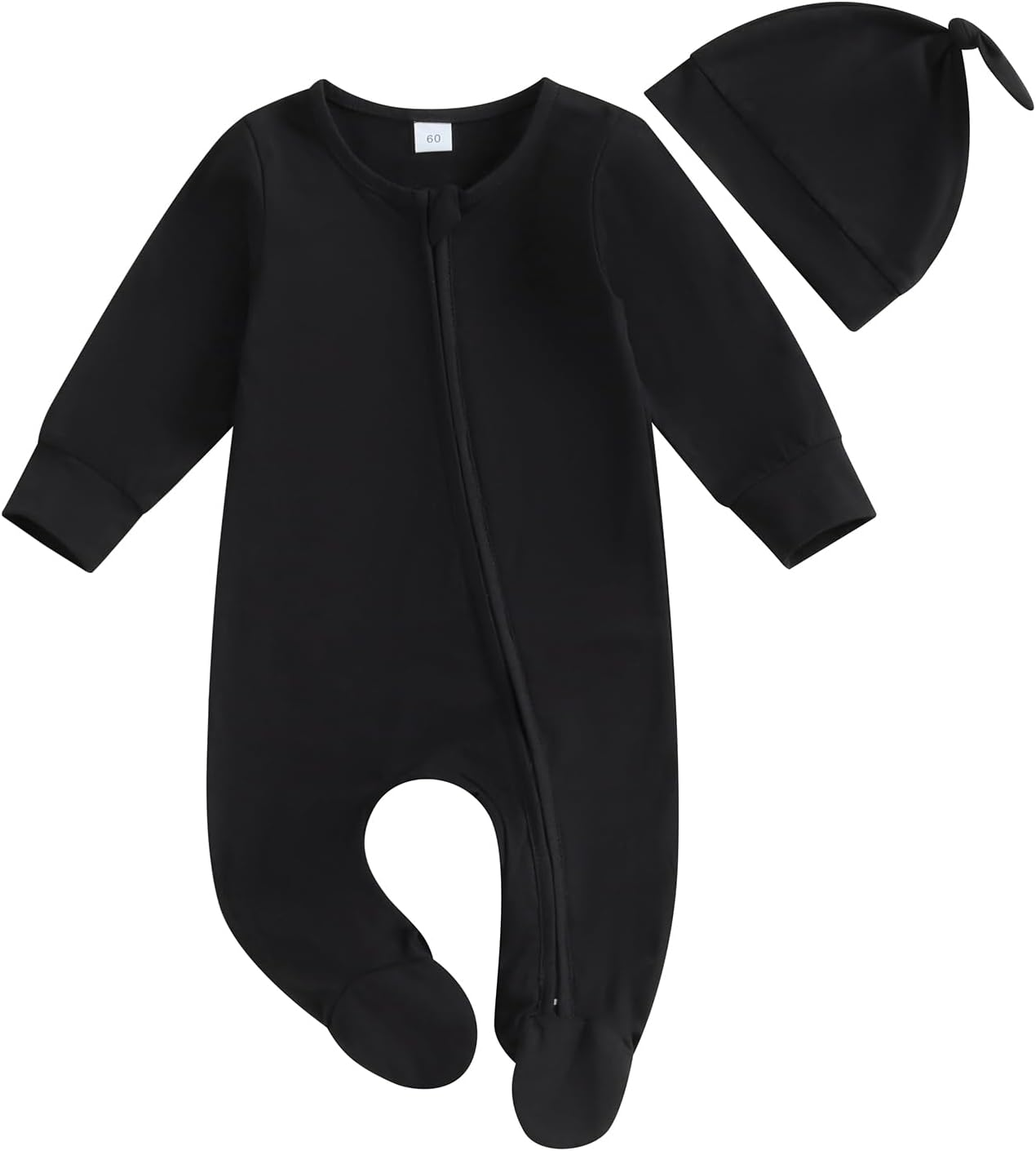 Newborn Baby Girl Boy Clothes Infant Long Sleeve Soild Footed Romper Zipper Footie Jumpsuit with Hat Fall Outfit