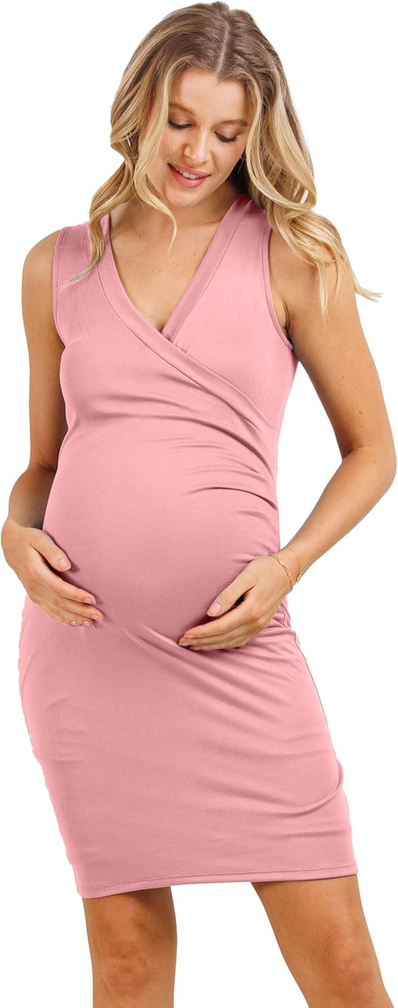 Laclef Women'S Sleeveless Ruched V Neck Wrap Bodycon Nursing Maternity Dress
