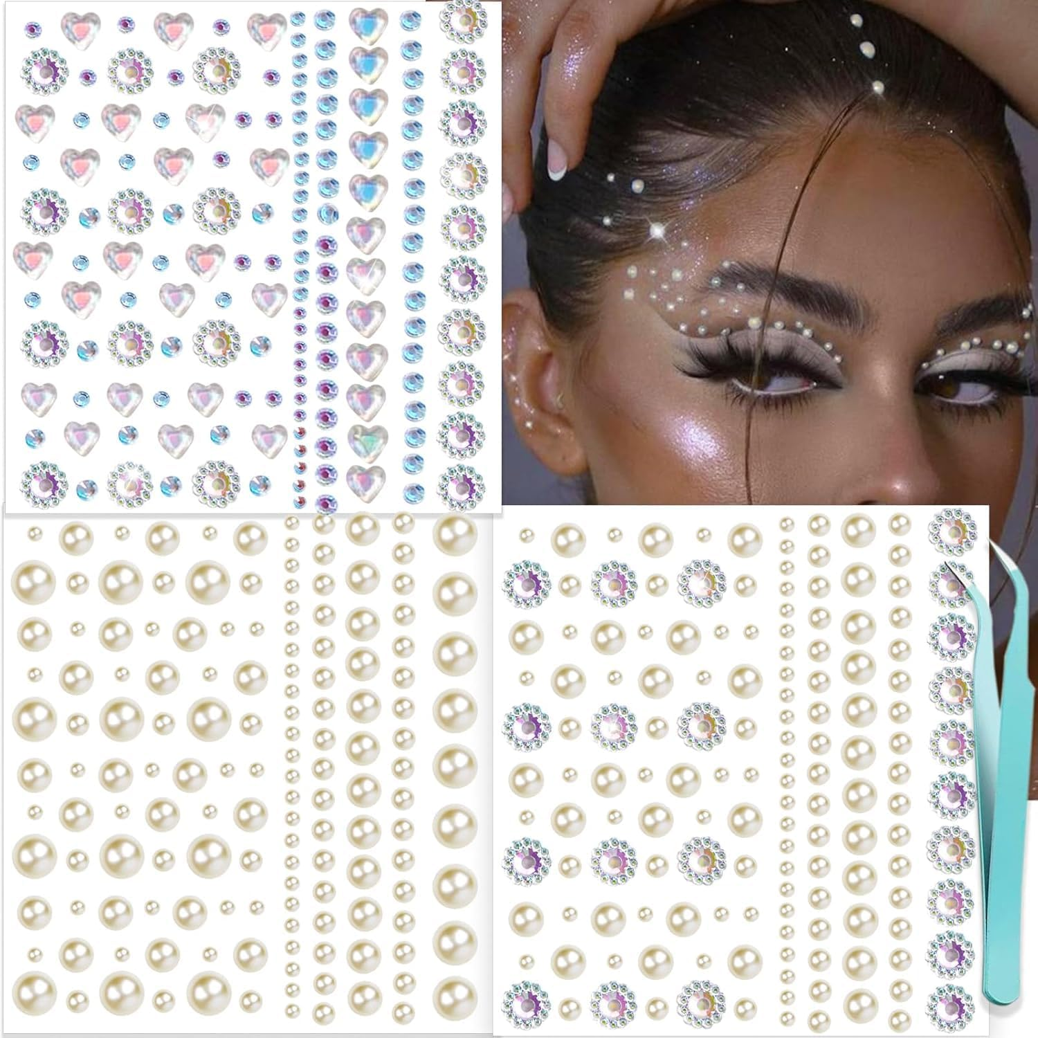 Face Gems Rhinestones Pearl Gem Stickers Self Adhesive Face Jewels Glitter Kit Hotfix Nail Hair Jewellery Rhinestone Stickers Body Glitter Bedazzling Art for Women DIY Festival Makeup Eye Body Nail image number 2