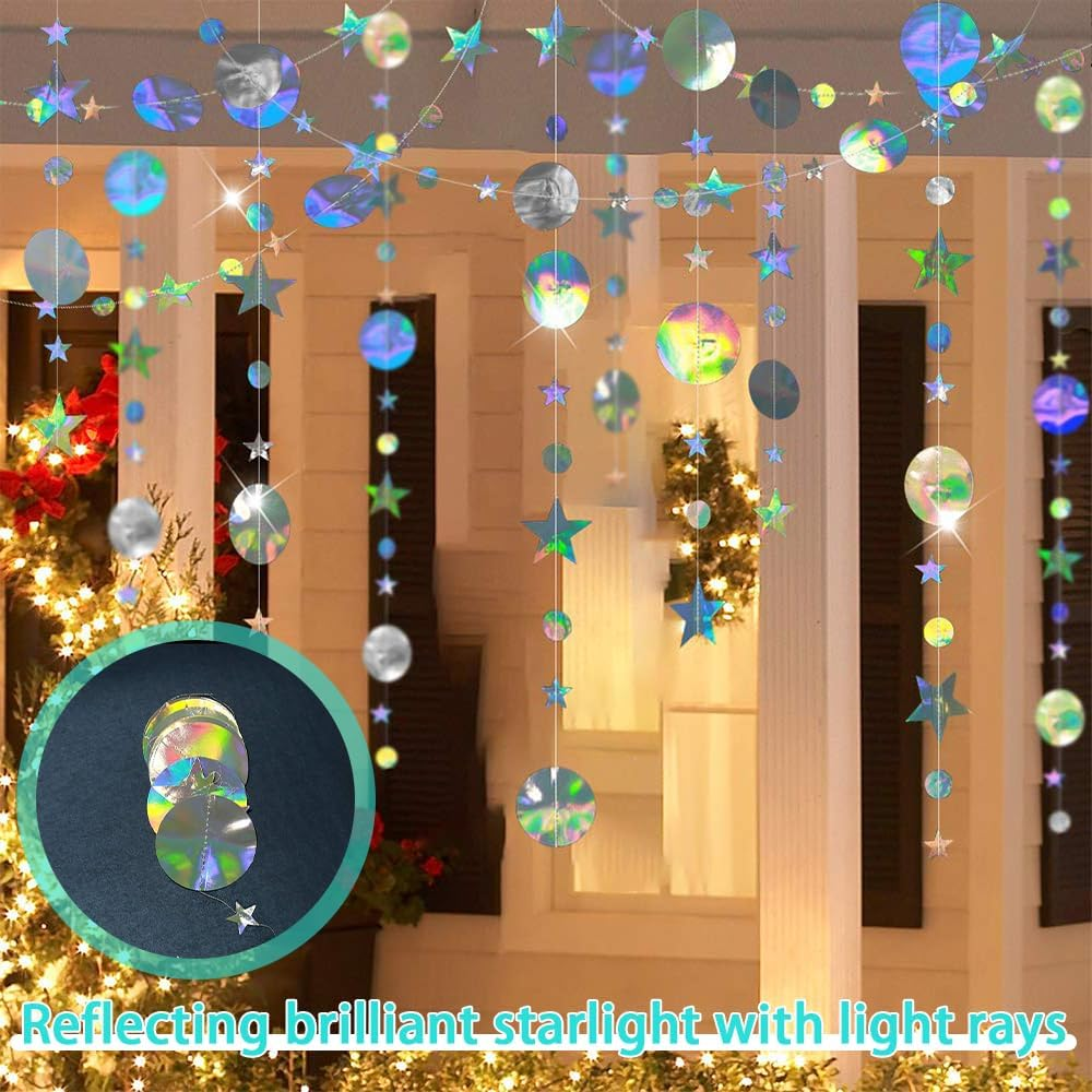 MOTRAIN Iridescent Star Moon Circle Dot Garland Party Decoration Set, Hanging Twinkle Star Banner Backdrop, Little Star Iridescent Party Supplies for Kids Birthday Wedding Festival Engagement image number 1