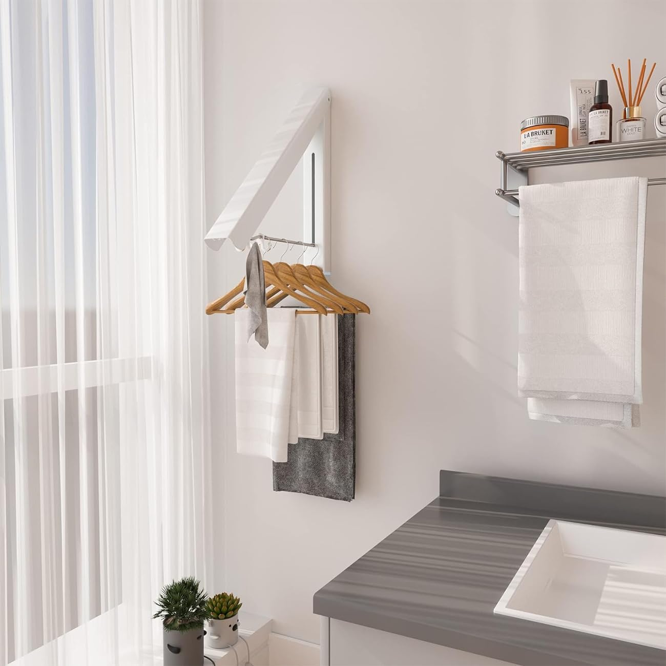 Foldable Wall Mounted Drying Rack with 80CM Extension Rod，Heavy Duty Aluminum Telescopic Clothes Hanger for Laundry Room Organisation Storage Drying Hanging Clothes with Drying Rod (2-Pack, White) image number 1