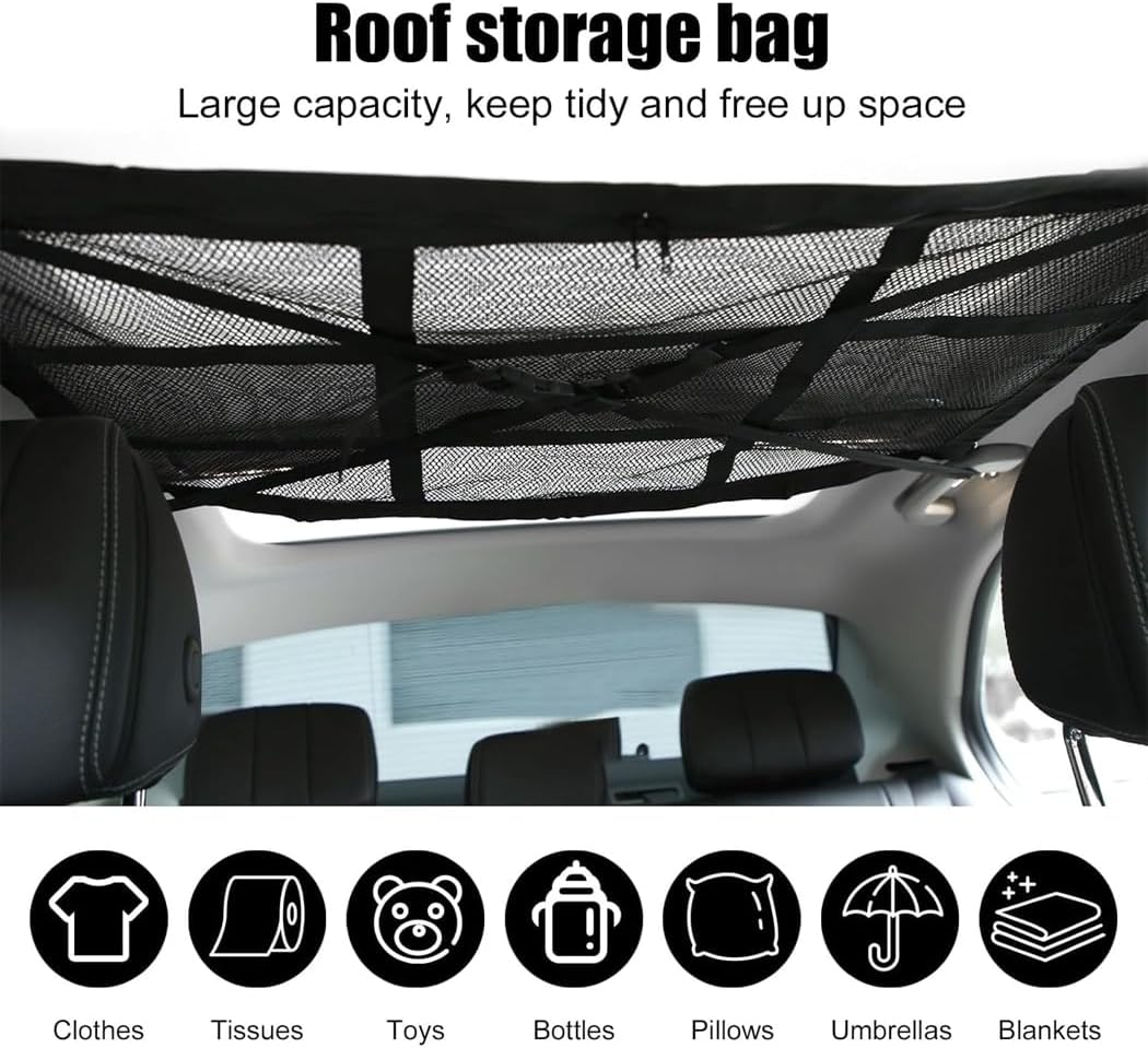 Idopick Car Ceiling Cargo Net Pocket, 80 X 55Cm Nine Grid Mesh Nine SUV Roof Organizer Long Trip Storage Bag,Tent Putting Quilt Towel Sundries Interior Accessories Car Roof Storage Organizer image number 1