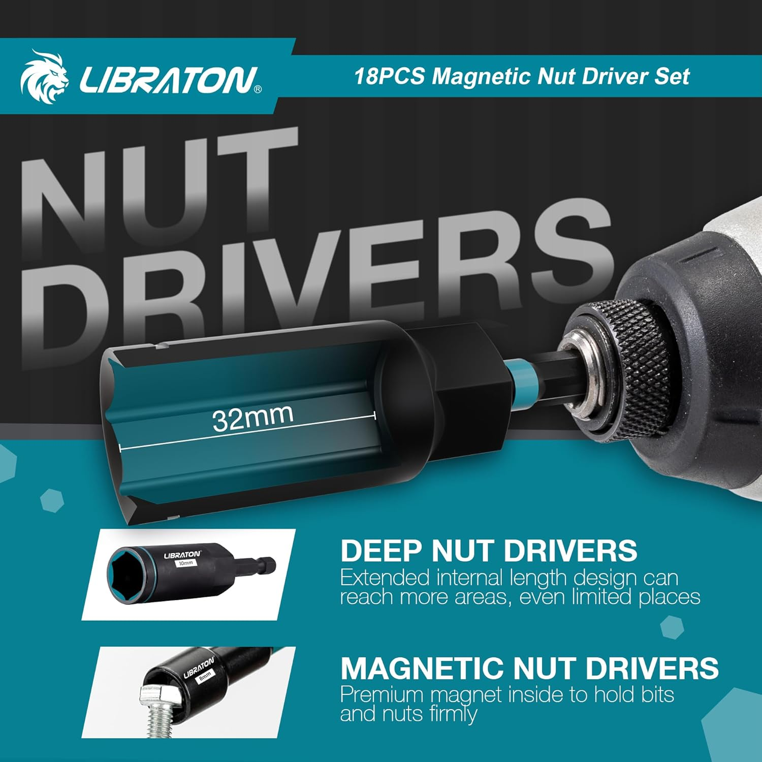LIBRATON Magnetic Nut Driver Set, 18Pcs Impact Driver Bit Set, Deep Nut Drivers Set, Metric Nut Driver for Impact Drill, 5-14 MM Nut Drivers and 6-17 MM Nut Deep Drivers, Bit Holder, for Car Repairs