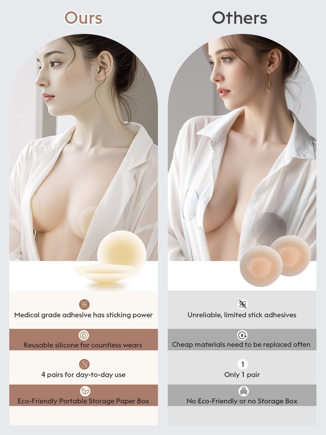 Nipple Covers for Women, 4 Pairs Nipple Covers, Adhesive Silicone Pasties, Reusable Sticky Bra, Nipple Covers No Show with Travel Box image number 2