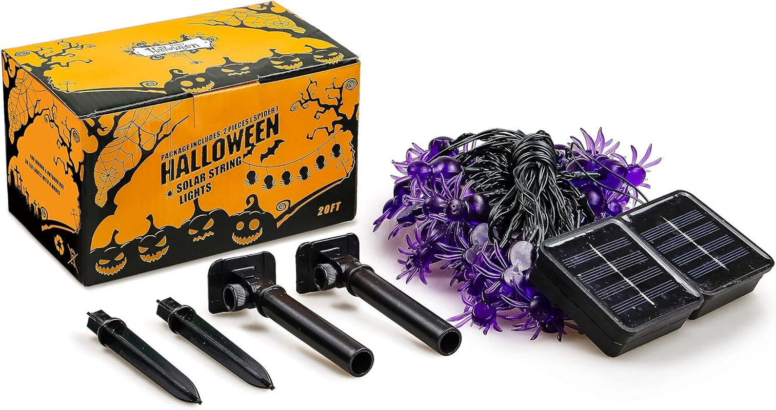 Oopswow YOUNGAR Halloween Decor Spider String Lights, Solar String Light,2Pack 20Ft 30 LED Outdoor Decorative Lights for Patio, Garden, Gate, Yard, Halloween Christmas Decoration (2Pack,Spider)