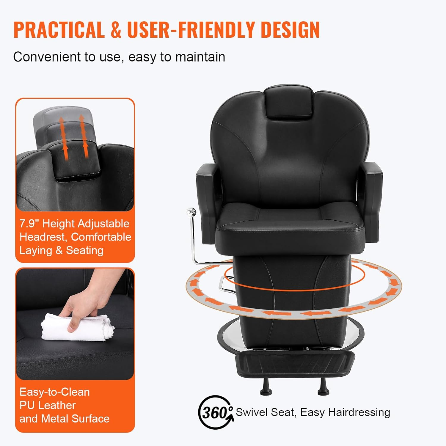 VEVOR Salon Chair, Hydraulic Recliner Barber Chair for Hair Stylist, 360 Degrees Swivel 90&deg;-130&deg; Reclining Salon Chair for Beauty Spa Shampoo, Max Load Weight 330 Lbs, Black image number 6