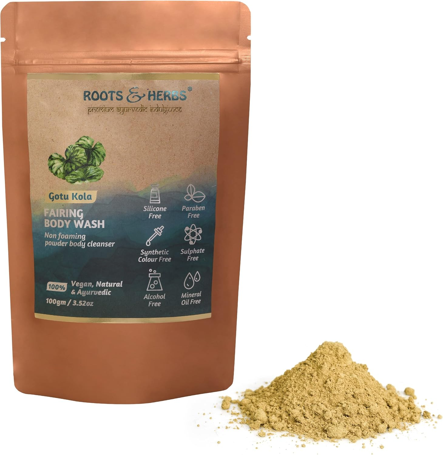 ROOTS and HERBS Ayurvedic Powder Body Wash Natural Treatment 100% Vegan Gotukola Fairing Powdered Body Cleanser Ubtan Powder Non-Foaming Body Wash - 3.52 Oz image number 2