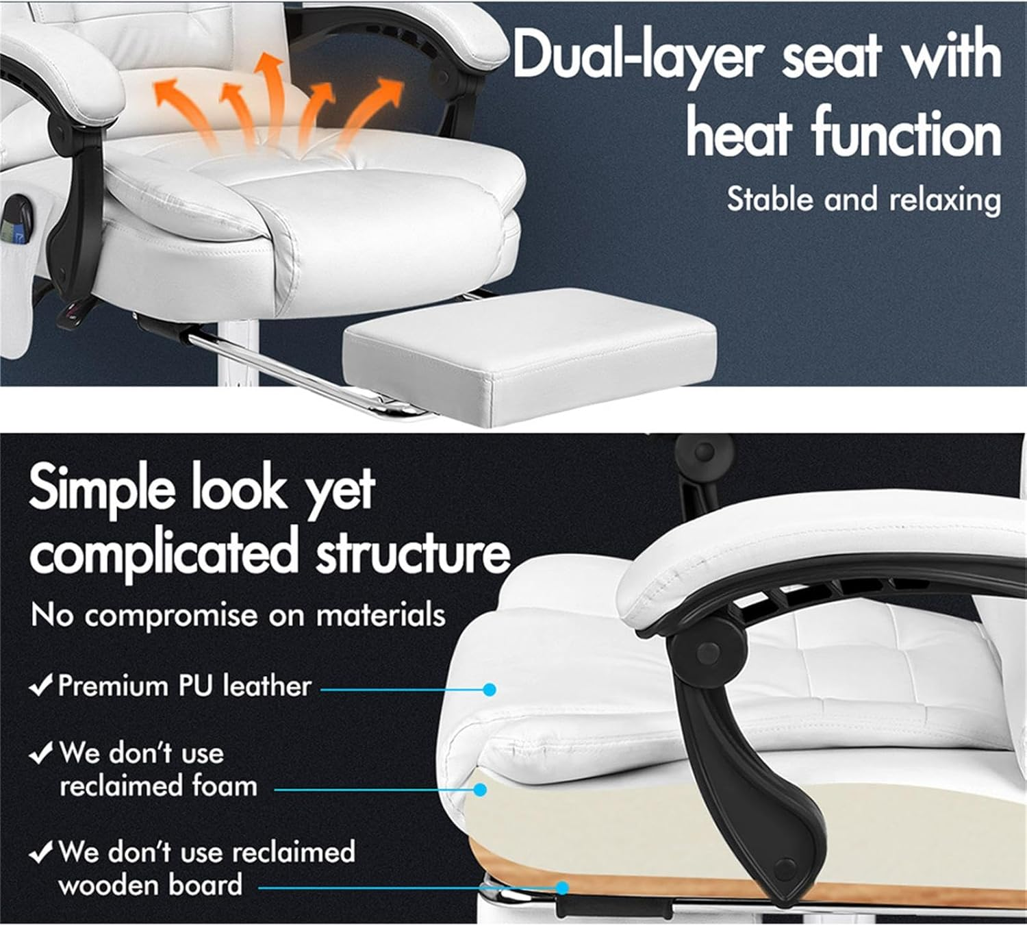 ALFORDSON Ergonomic Office Chair with 150&deg; Recline & Footrest, Computer Desk Chairss with Massage & Heated Seat, Executive Swivel Leather Video Game Chair, Max 180Kg (Dale White) - Fabric Black image number 3