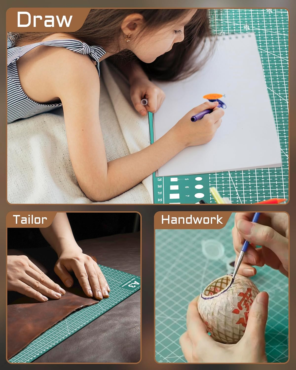 BLUEQUE Cutting Mat Self Healing - 2 Premium Rotary Cutting Mats (A3 & A4) for Sewing, Quilting, Circut, Model, Crafts, Scrapbooking & Fabric - Non-Slip, Easy-Clean Grid Cutting Board Precise Cut image number 4