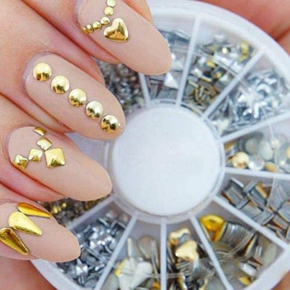 1 Wheel 120Pcs Nails Art Jewels Diy Metal Stud Stickers Golden Nail Art Decor image number 2