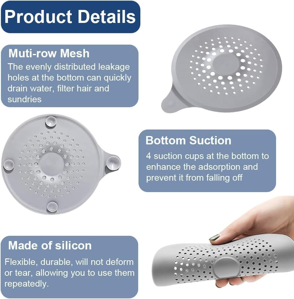 2 Pack Shower Drain Cover Hair Catcher with Suction Cups Foldable Sink Strainer Plug Trap Filter Silicone Shower Hair Trap Sink Strainer Protector for Sinks Kitchen Baths Bathtub Showers Black + Grey image number 1
