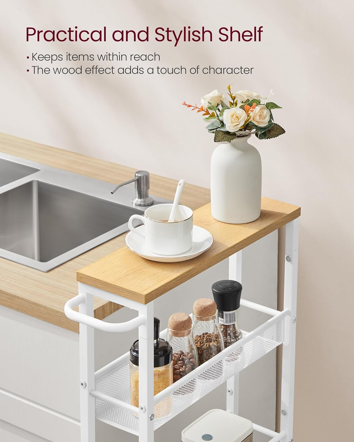 VASAGLE Slim Rolling Cart, 5-Tier Storage Cart, Narrow Cart with Handle, 5.1 Inches Deep, Metal Frame, for Kitchen, Dining Room, Living Room, Home Office, Oak Beige and White ULRC034W09 image number 2