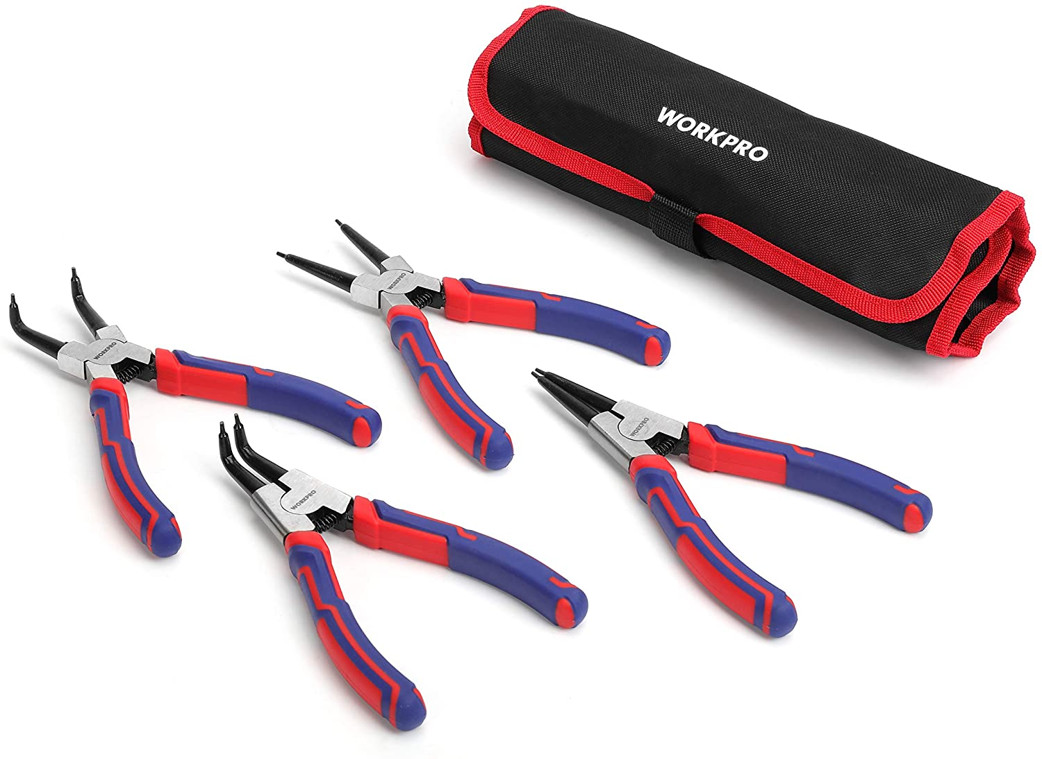 WORKPRO 4-Piece Snap Ring Pliers Set - Heavy Duty 7-Inch Internal/External Circlip Pliers Kit (Tip Diameter 5/64'')-Straight/Bent Jaw - Cr-V Steel - for Ring Remover Retaining- Storage Pouch Included image number 4