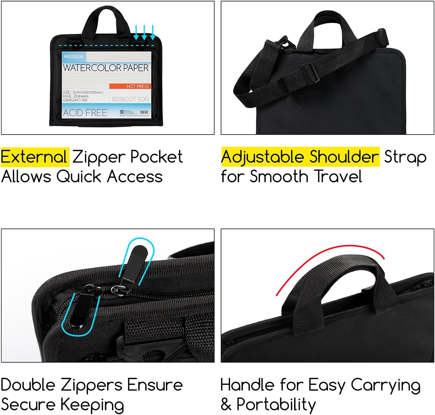 MEEDEN Art Portfolio Sketch Case: Portable Artist Sketch Folio Bag for 9" X 12" Sketchbook & Watercolor Pads - Zippered Art Travel Bag for Brushes Pens Pencils & Art Supplies Organizer image number 3