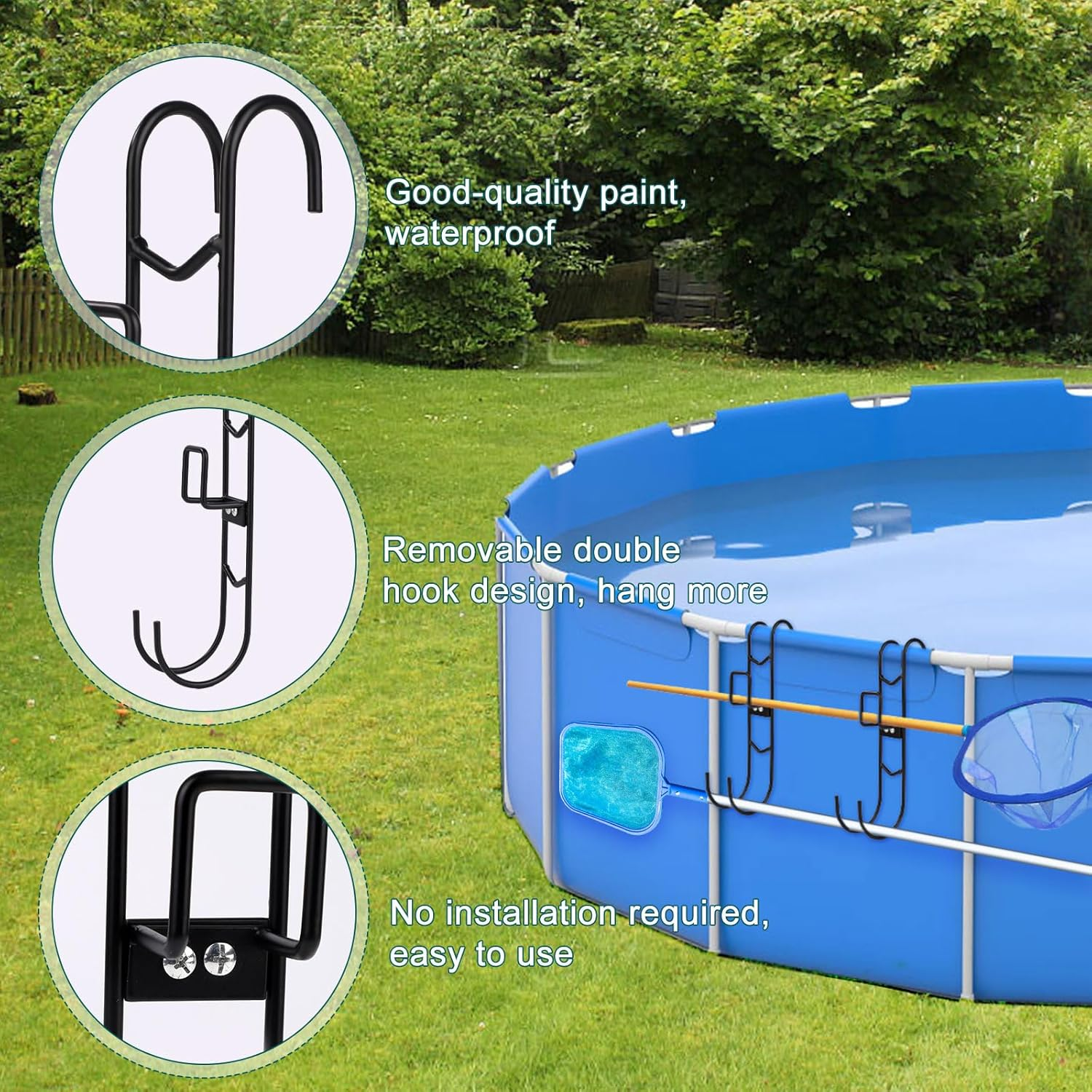 2 Sets Poolside Hanging Hooks, 2 Usages Pool Rack Hooks with Detachable Pool Fence Double Hook Design No Drilling Required Waterproof Pool Pole Hangers for Skimmers Brushes Nets Accessories image number 1