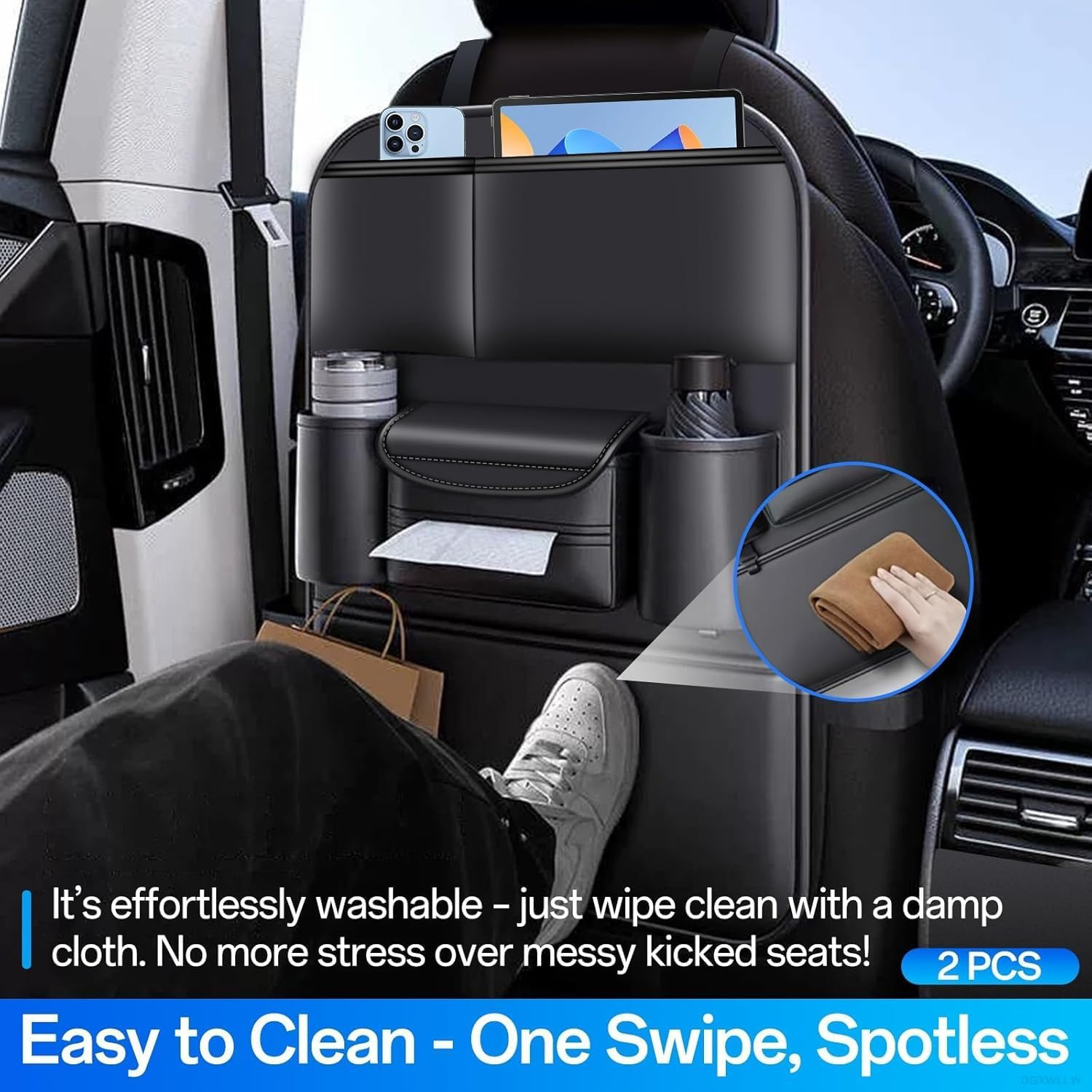 Back Seat Cover for Kids, Universal Car Seat Protector with Storage Organizer, Waterproof Nappa Leather Kick Mat for Kids, Anti-Slip Backseat Cover with Pockets(Black) image number 6