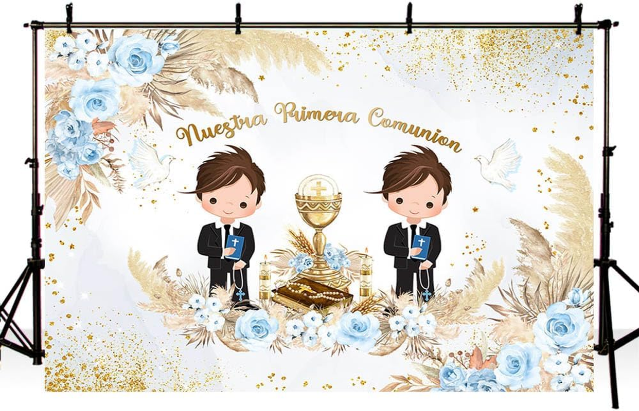 MEHOFOND 2.1 X 1.5 M Background of Boys Twins Christening Our First Communion Bohemian Flower Panther Grass Golden Dot Photography Background Cross Dove Christening Party Decoration Banner Props image number 1